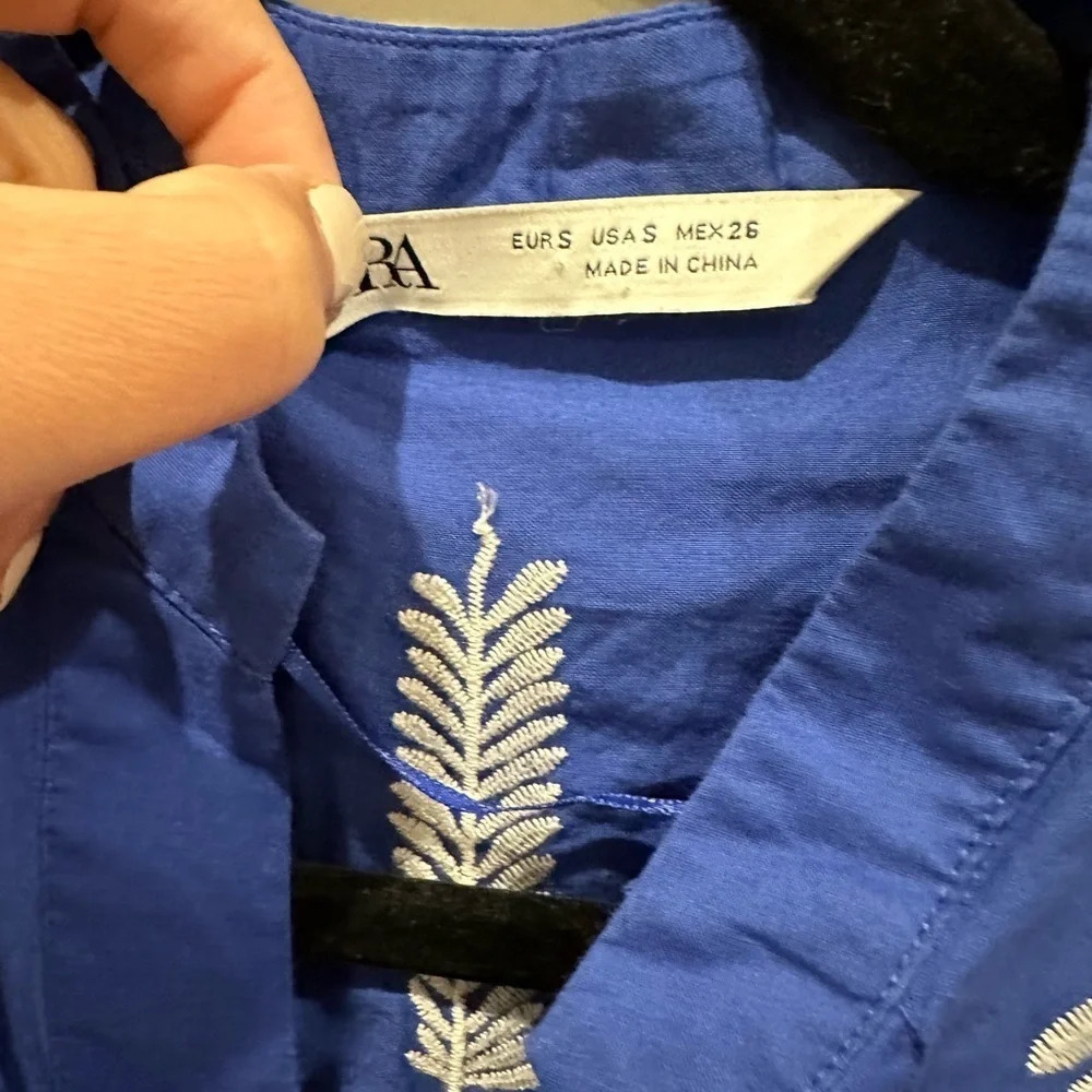 Zara blue cotton tunic top contrasting embroidery Size Small 2800 - Picture 8 of 12